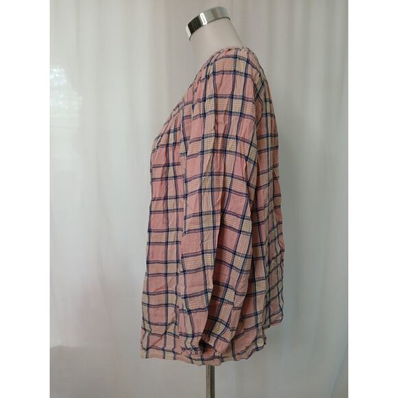 GAP Plaid Gathered Blouse Puff Sleeve Pink Blue White Button Front Top Large - Picture 12 of 12